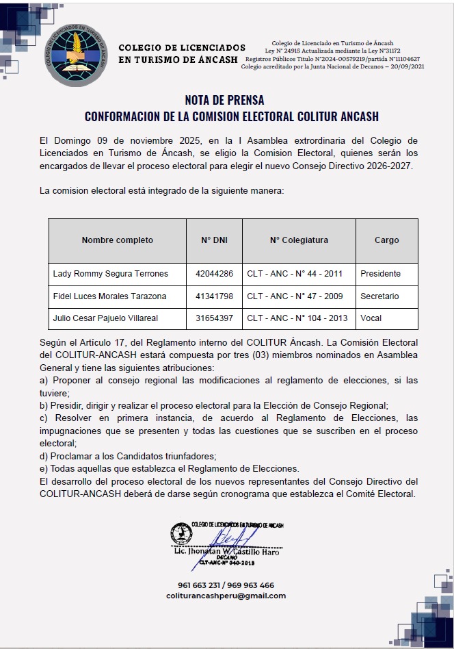 CONFORMACIÓN DE LA COMISIÓN ELECTORAL COLITUR ANCASH